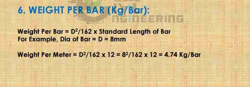 Weight of One Steel Bar in Kg/Bar Formula, bar bending schedule formulas, bbs formula, bar bending schedule calculation, cutting length formula, reinforcement calculation excel
