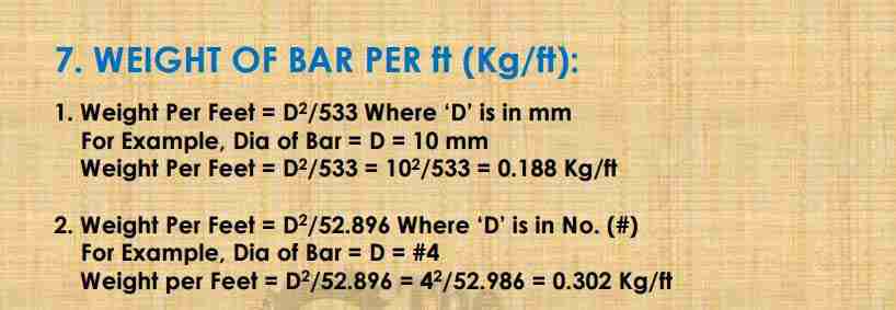 Weight of Steel Bar Formula Per Feet (Kg/ft), bar bending schedule formulas, bbs formula, bar bending schedule calculation, cutting length formula, reinforcement calculation excel