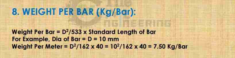 Weight of One Steel Bar in Kg/Bar Formula